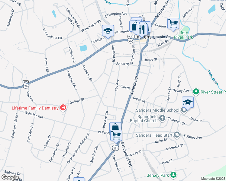 map of restaurants, bars, coffee shops, grocery stores, and more near 216 Irby Avenue in Laurens
