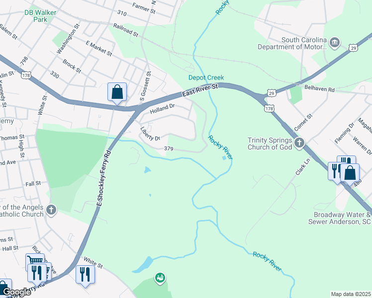 map of restaurants, bars, coffee shops, grocery stores, and more near 123 Brookmeade Drive in Anderson