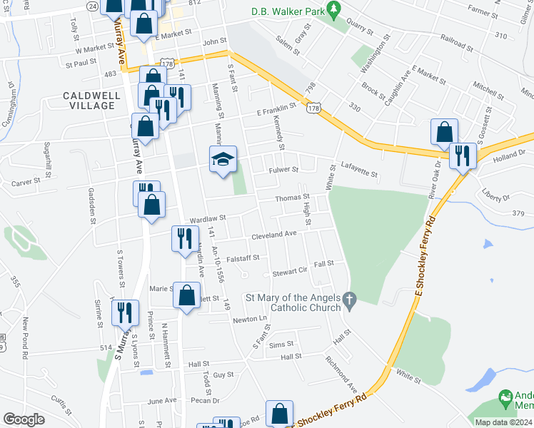 map of restaurants, bars, coffee shops, grocery stores, and more near 1409 South Fant Street in Anderson