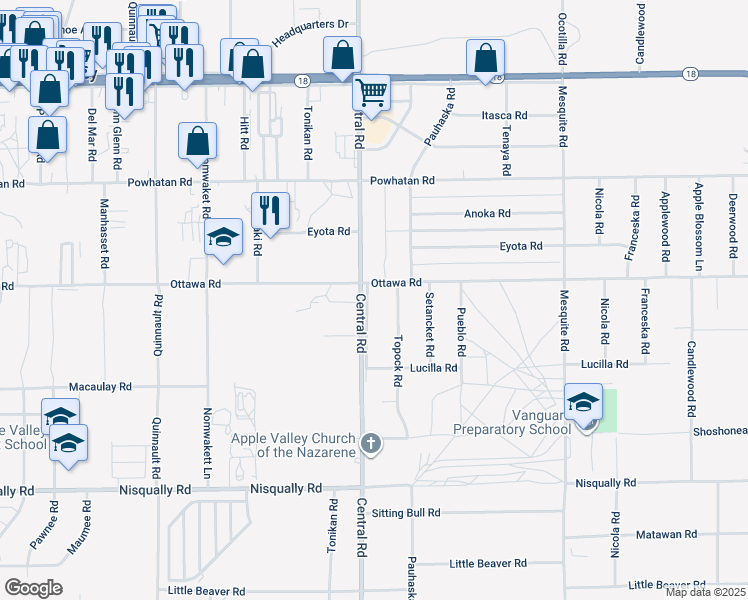 map of restaurants, bars, coffee shops, grocery stores, and more near 13239 Central Outerhighway East in Apple Valley