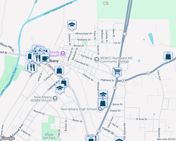 map of restaurants, bars, coffee shops, grocery stores, and more near 501 Highland Street in New Albany