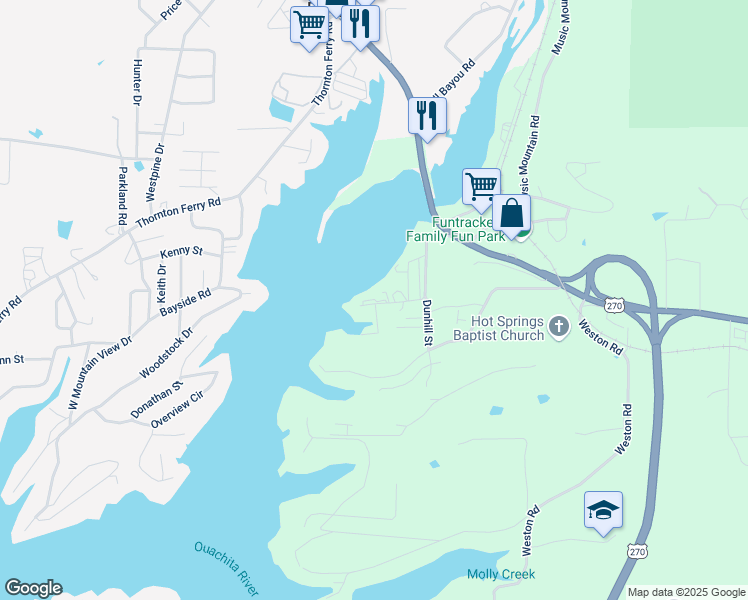 map of restaurants, bars, coffee shops, grocery stores, and more near 243 Bayou Point in Hot Springs