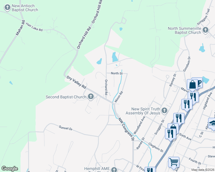 map of restaurants, bars, coffee shops, grocery stores, and more near 111 Orchard Road in Summerville