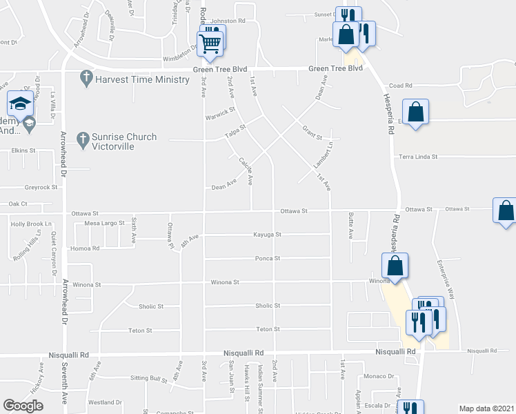map of restaurants, bars, coffee shops, grocery stores, and more near 16654 Ottawa Street in Victorville