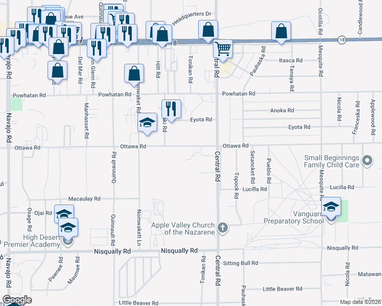 map of restaurants, bars, coffee shops, grocery stores, and more near 22458 Ottawa Road in Apple Valley
