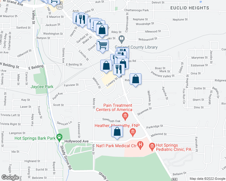map of restaurants, bars, coffee shops, grocery stores, and more near 10 Beldoir Court in Hot Springs
