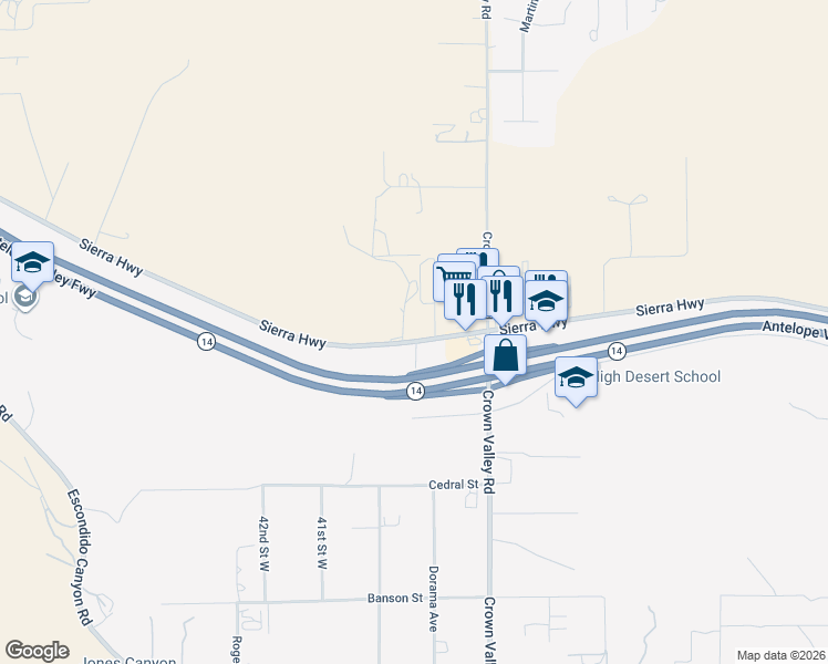 map of restaurants, bars, coffee shops, grocery stores, and more near 3943 Sierra Highway in Acton