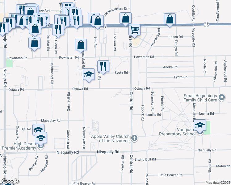 map of restaurants, bars, coffee shops, grocery stores, and more near 22458 Ottawa Road in Apple Valley
