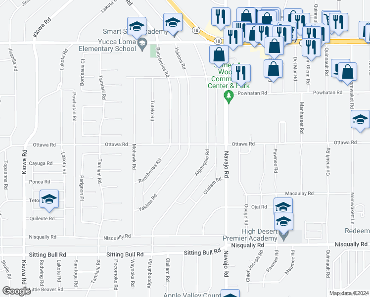 map of restaurants, bars, coffee shops, grocery stores, and more near 13280 Yakima Road in Apple Valley