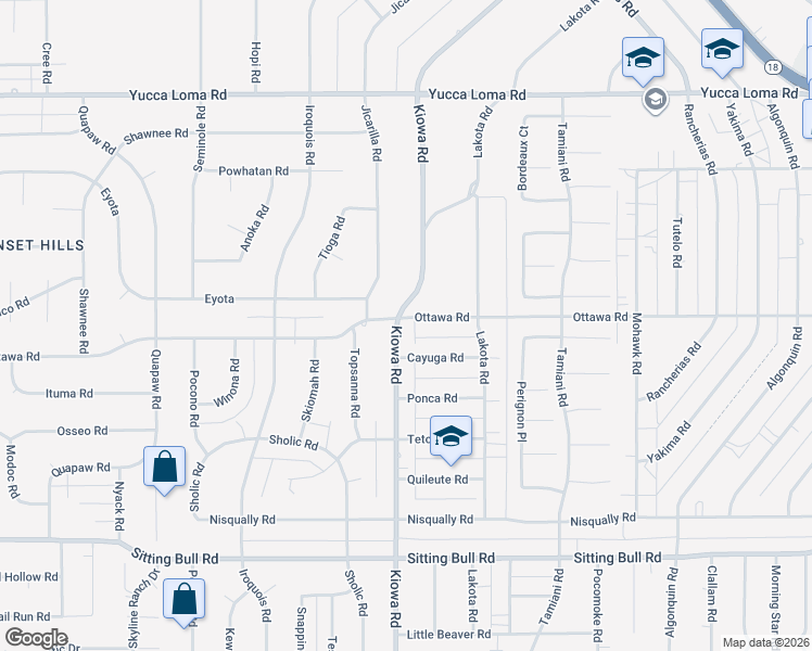 map of restaurants, bars, coffee shops, grocery stores, and more near 13285 Kiowa Road in Apple Valley
