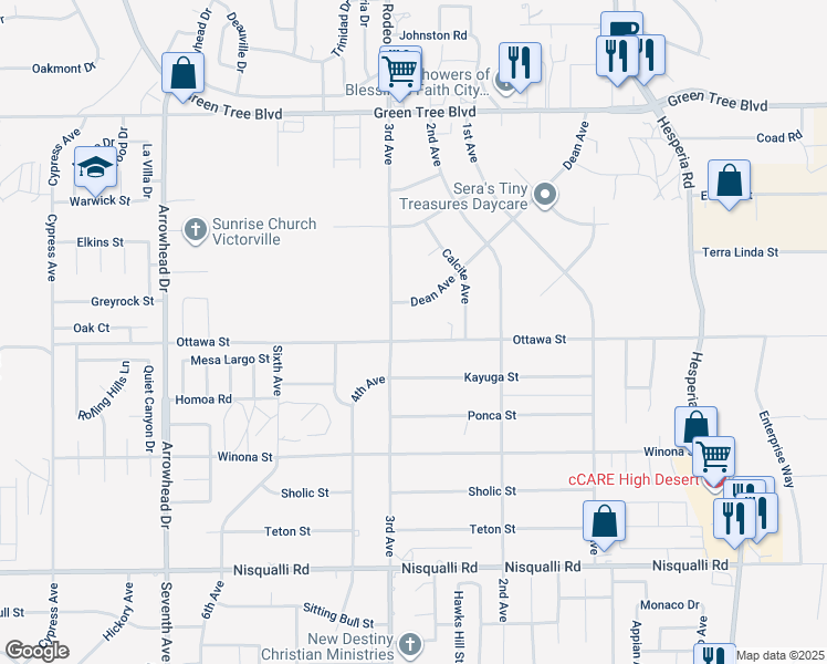 map of restaurants, bars, coffee shops, grocery stores, and more near 16542 Ottawa Street in Victorville