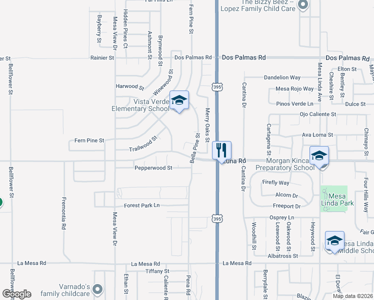 map of restaurants, bars, coffee shops, grocery stores, and more near 13322 Bella Pine Road in Victorville