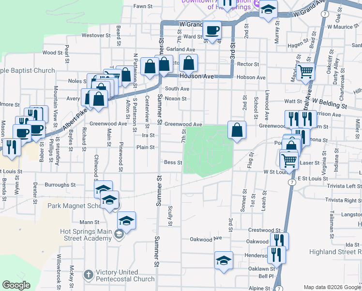 map of restaurants, bars, coffee shops, grocery stores, and more near 103 Helen Street in Hot Springs