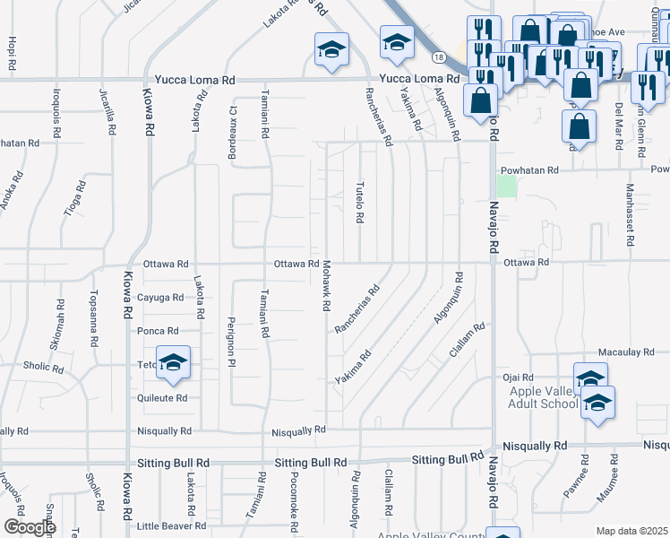 map of restaurants, bars, coffee shops, grocery stores, and more near 13253 Mohawk Road in Apple Valley