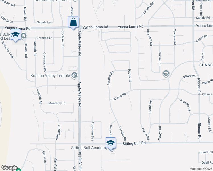 map of restaurants, bars, coffee shops, grocery stores, and more near 13310 Paraiso Road in Apple Valley