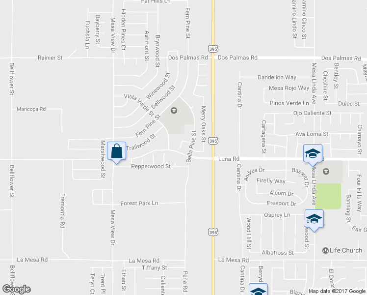 map of restaurants, bars, coffee shops, grocery stores, and more near 13322 Bella Pine Road in Victorville
