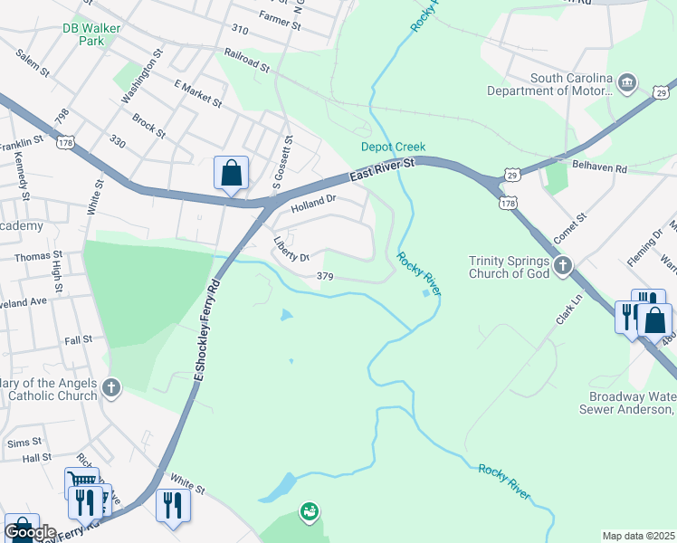 map of restaurants, bars, coffee shops, grocery stores, and more near 118 Brookmeade Drive in Anderson