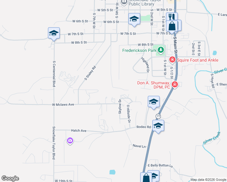 map of restaurants, bars, coffee shops, grocery stores, and more near 552 West Mclaws Avenue in Snowflake