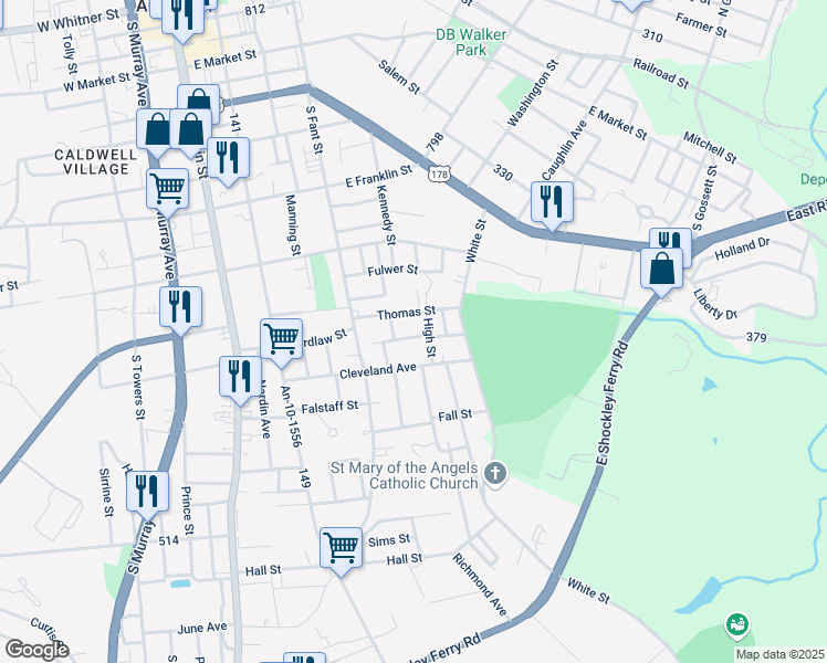 map of restaurants, bars, coffee shops, grocery stores, and more near 506 Plain Street in Anderson