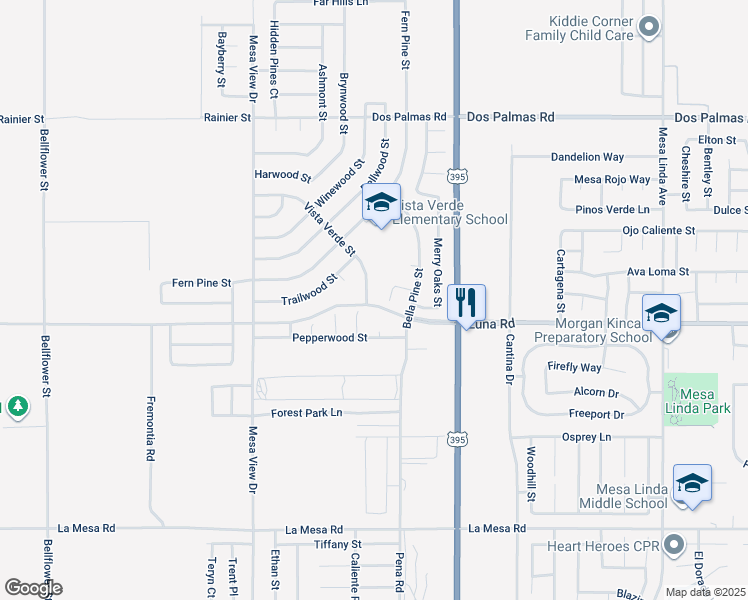 map of restaurants, bars, coffee shops, grocery stores, and more near 13343 Vista Verde Street in Victorville