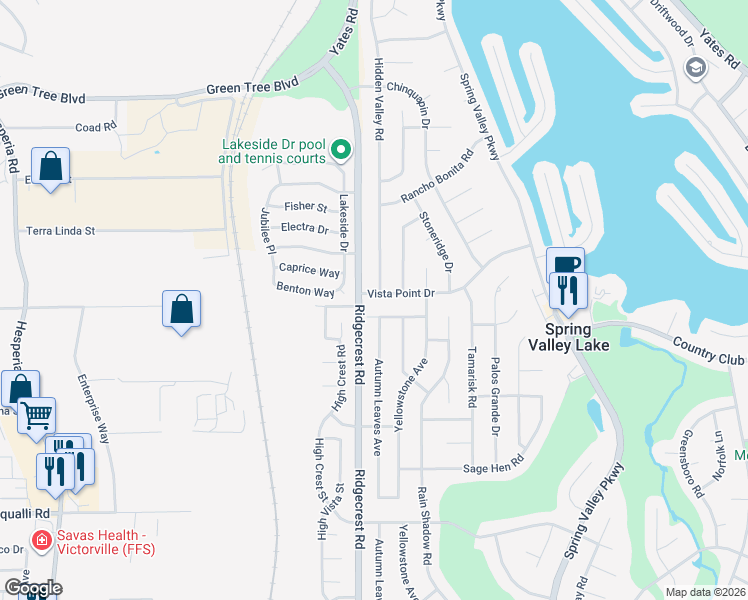 map of restaurants, bars, coffee shops, grocery stores, and more near 17725 Vista Point Drive in Victorville