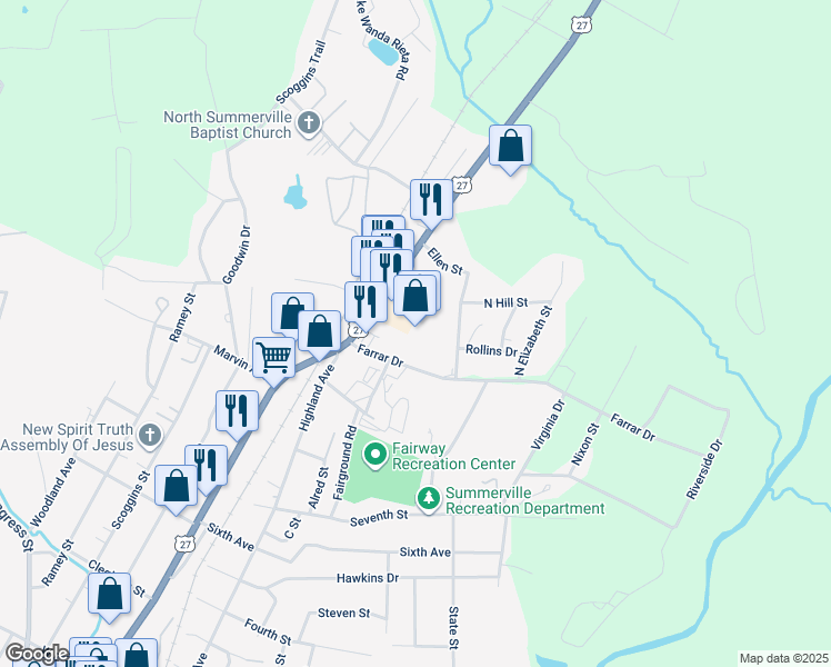 map of restaurants, bars, coffee shops, grocery stores, and more near 13234 North US Highway 27 in Summerville