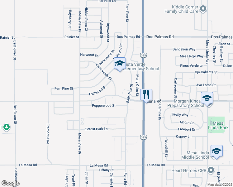 map of restaurants, bars, coffee shops, grocery stores, and more near 13343 Vista Verde Street in Victorville