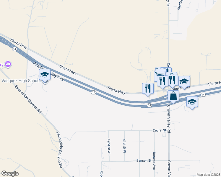 map of restaurants, bars, coffee shops, grocery stores, and more near Sierra Highway in Acton