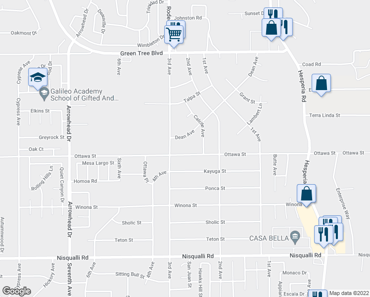 map of restaurants, bars, coffee shops, grocery stores, and more near 16564 Ottawa Street in Victorville