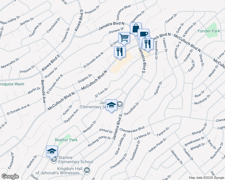 map of restaurants, bars, coffee shops, grocery stores, and more near 3445 Monte Carlo Avenue in Lake Havasu City