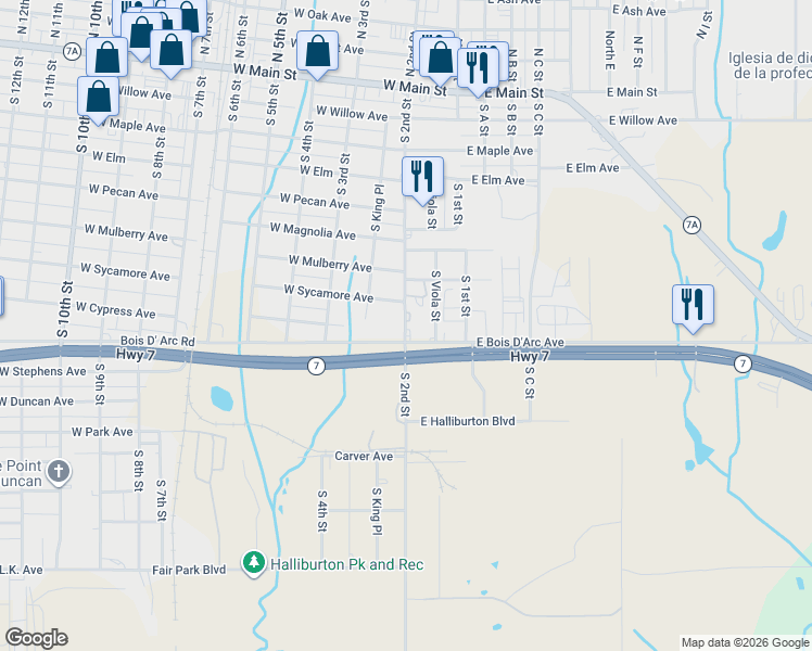 map of restaurants, bars, coffee shops, grocery stores, and more near 150-198 W Bois D Arc Ave in Duncan