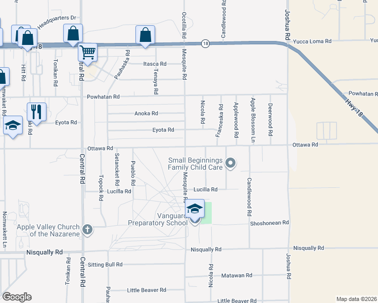 map of restaurants, bars, coffee shops, grocery stores, and more near 13237 Mesquite Road in Apple Valley
