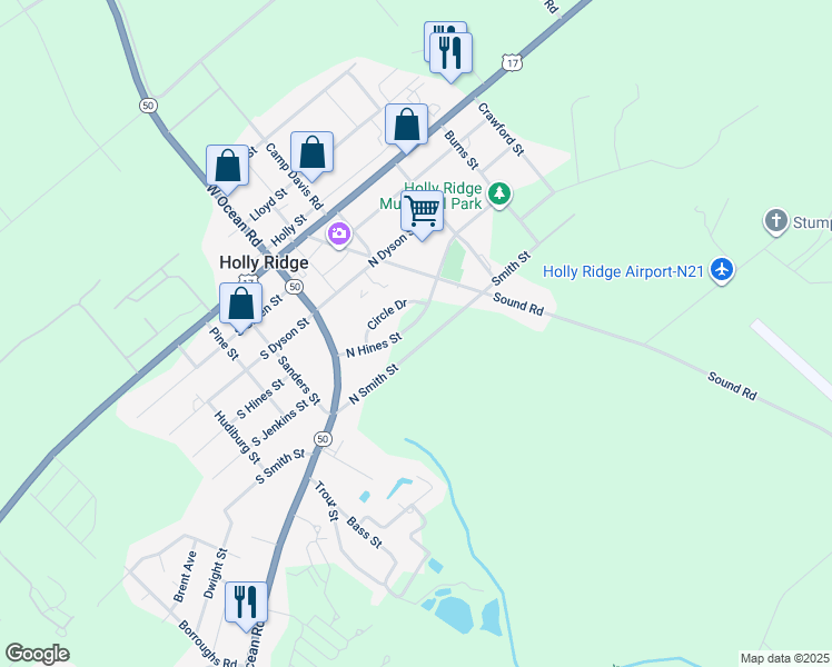 map of restaurants, bars, coffee shops, grocery stores, and more near 131 Smith Street in Holly Ridge