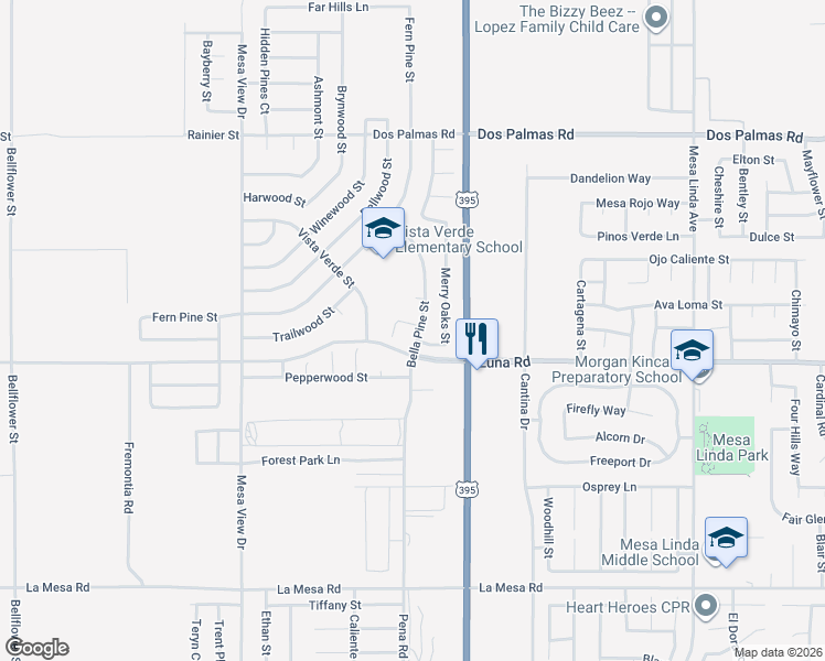 map of restaurants, bars, coffee shops, grocery stores, and more near 13322 Bella Pine Road in Victorville