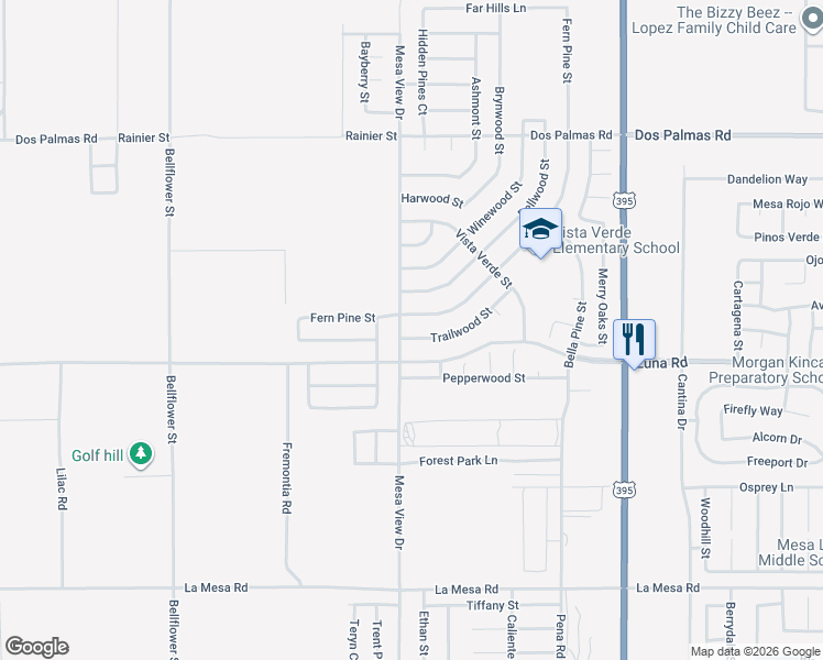 map of restaurants, bars, coffee shops, grocery stores, and more near 11720 Trailwood Street in Victorville