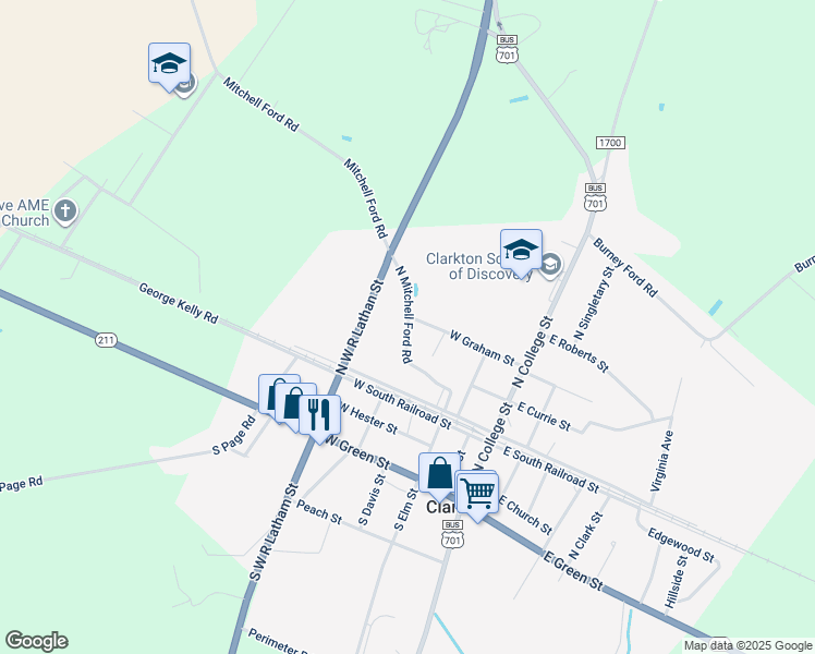 map of restaurants, bars, coffee shops, grocery stores, and more near North Mitchell Ford Road in Clarkton
