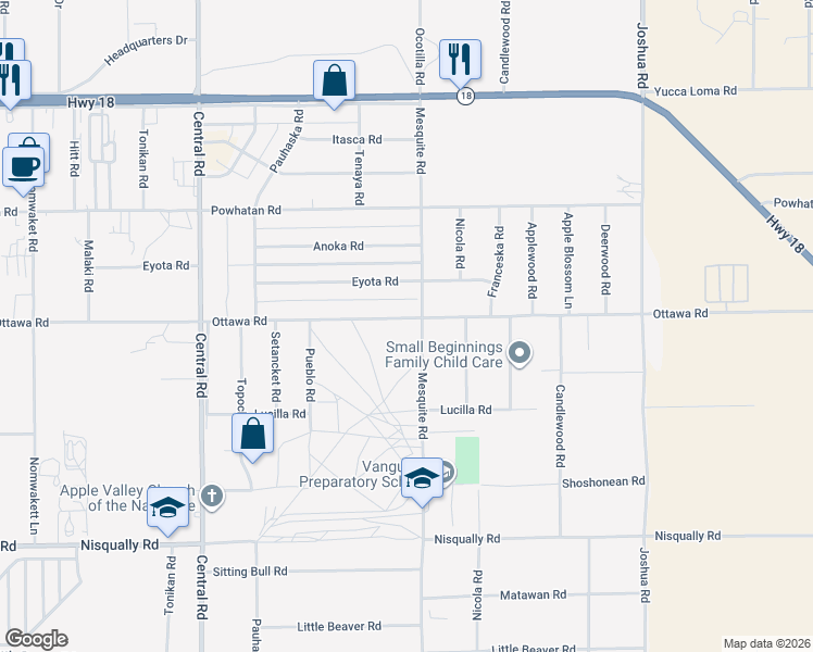 map of restaurants, bars, coffee shops, grocery stores, and more near 22854 Ottawa Road in Apple Valley