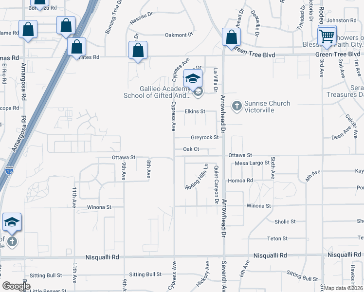 map of restaurants, bars, coffee shops, grocery stores, and more near 15914 Greyrock Street in Victorville