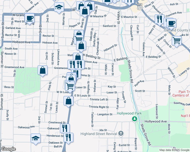 map of restaurants, bars, coffee shops, grocery stores, and more near Winona St & Indiana St in Hot Springs