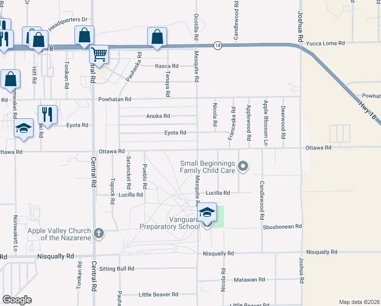 map of restaurants, bars, coffee shops, grocery stores, and more near 22854 Ottawa Road in Apple Valley