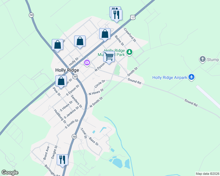 map of restaurants, bars, coffee shops, grocery stores, and more near 144 North Hines Street in Holly Ridge