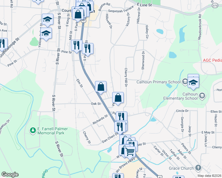 map of restaurants, bars, coffee shops, grocery stores, and more near 113 Victory Drive in Calhoun