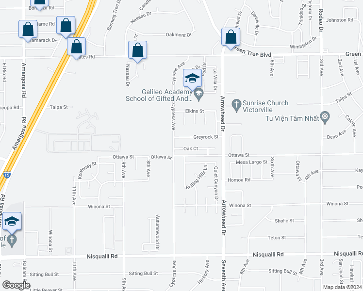 map of restaurants, bars, coffee shops, grocery stores, and more near 15930 Oak Court in Victorville