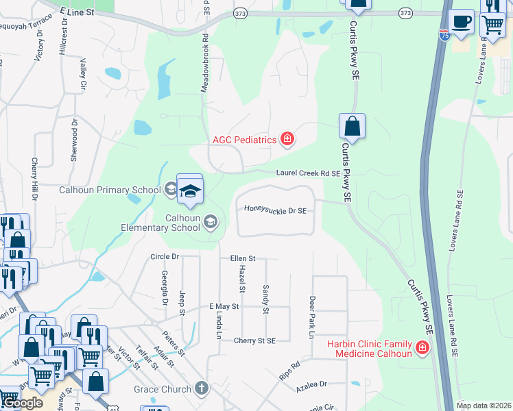 map of restaurants, bars, coffee shops, grocery stores, and more near 180 Honeysuckle Drive Southeast in Calhoun