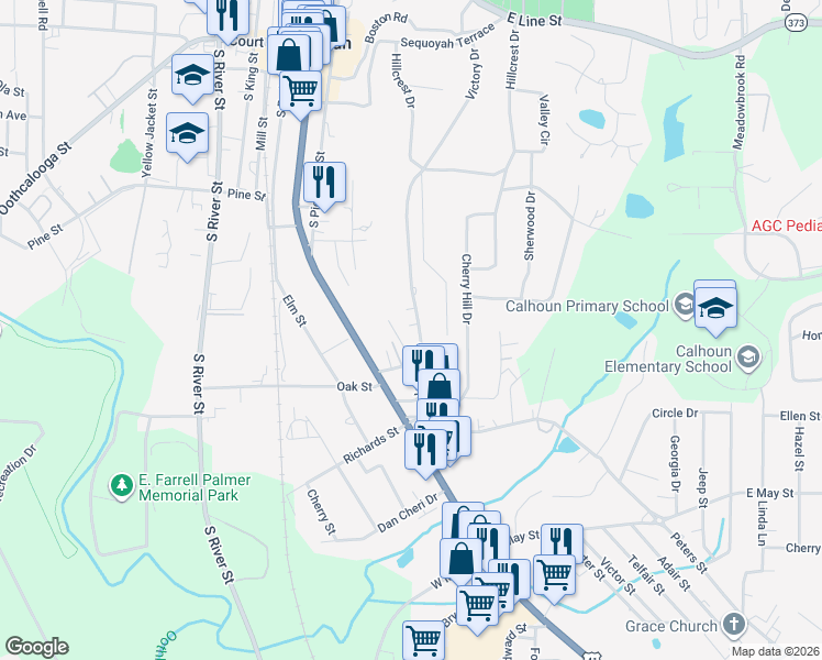 map of restaurants, bars, coffee shops, grocery stores, and more near 113 Victory Drive in Calhoun