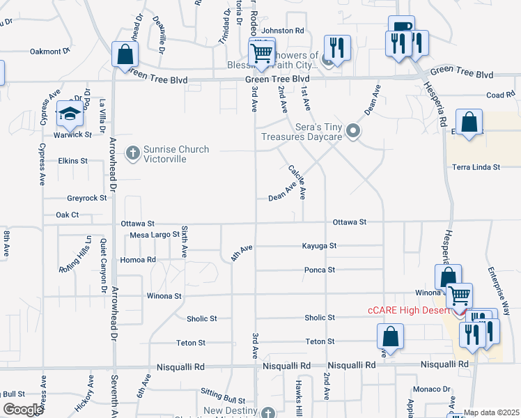 map of restaurants, bars, coffee shops, grocery stores, and more near 13341 3rd Avenue in Victorville