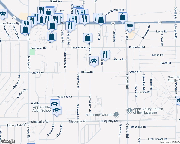 map of restaurants, bars, coffee shops, grocery stores, and more near Nomwaket Road in Apple Valley