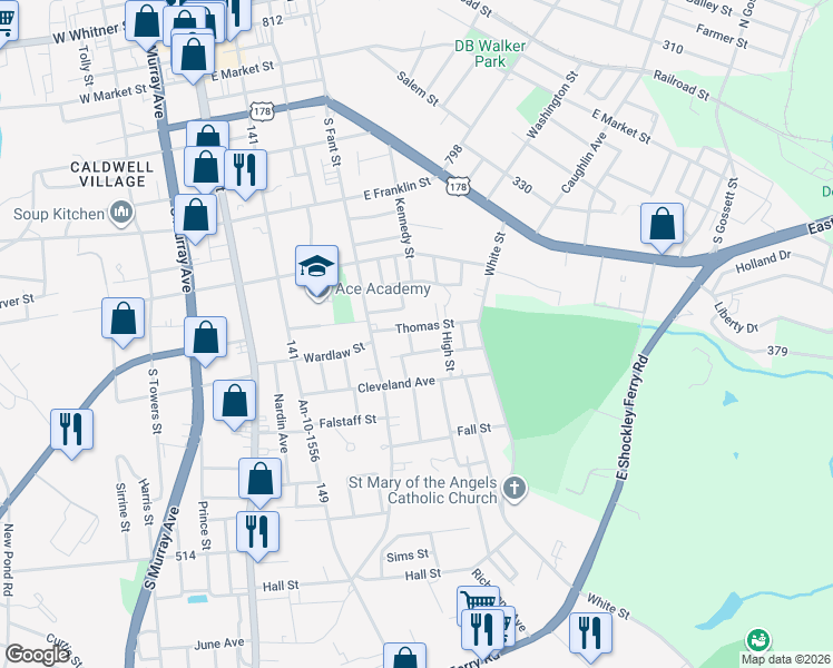 map of restaurants, bars, coffee shops, grocery stores, and more near 507 Thomas Street in Anderson