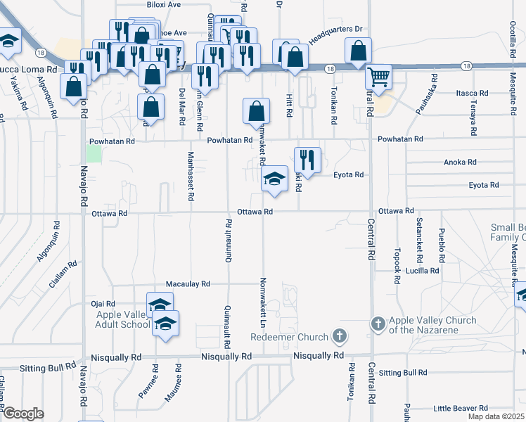 map of restaurants, bars, coffee shops, grocery stores, and more near Nomwaket Road in Apple Valley
