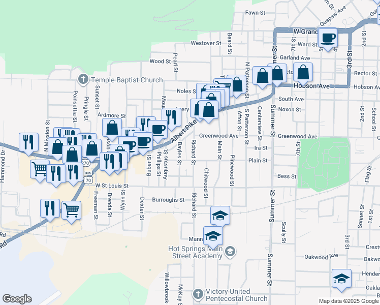 map of restaurants, bars, coffee shops, grocery stores, and more near 201 Bayles Street in Hot Springs